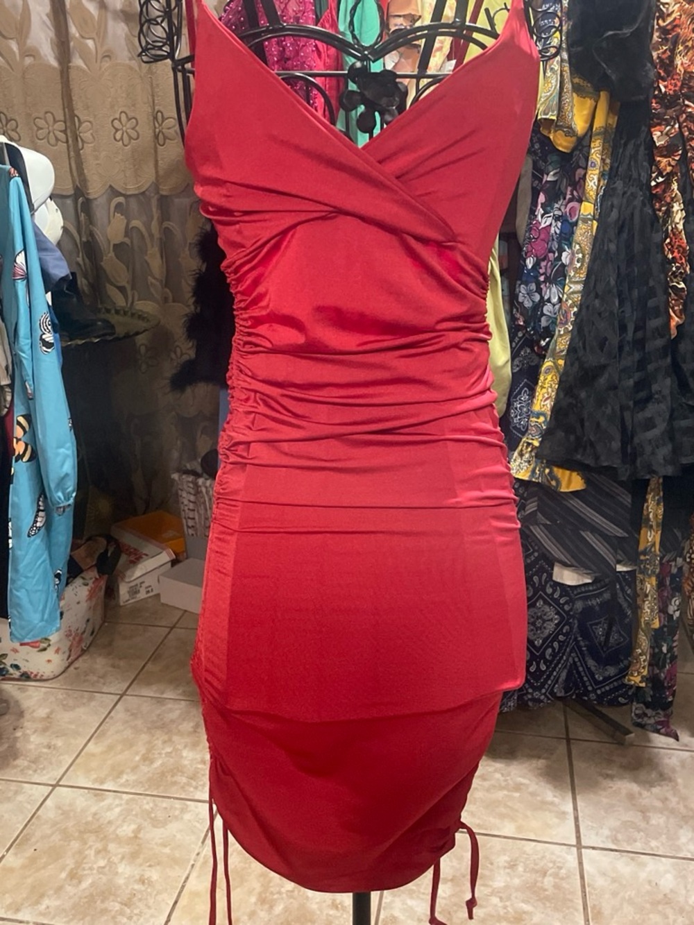 Ruched Red Spaghetti Strap Mini Dress - Unbranded